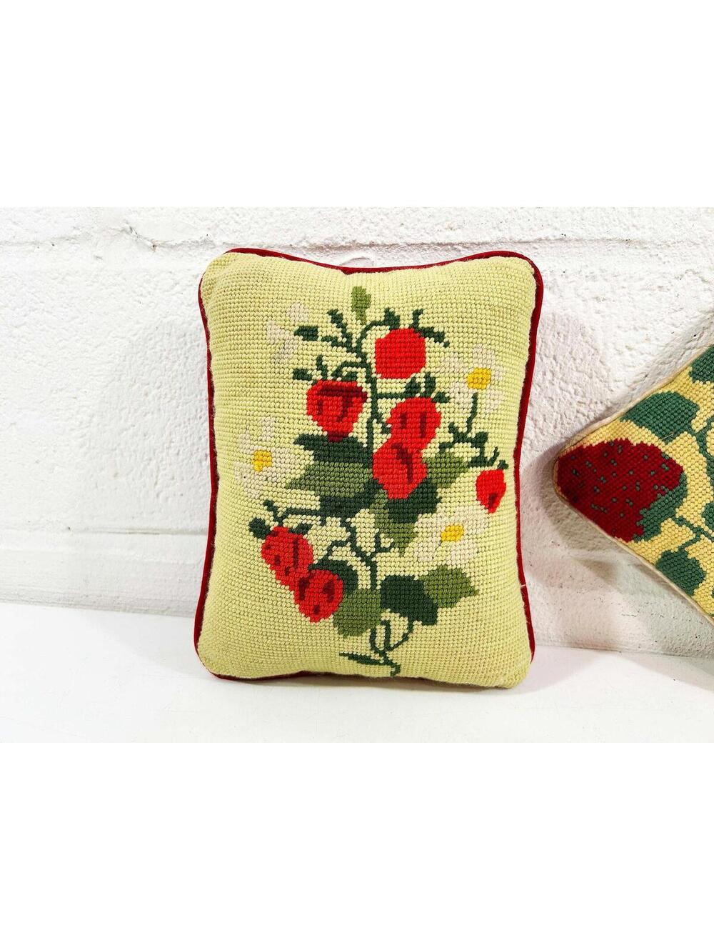 Vintage Strawberry Pillow Needlepoint Strawberries Throw Sofa Small 1970s